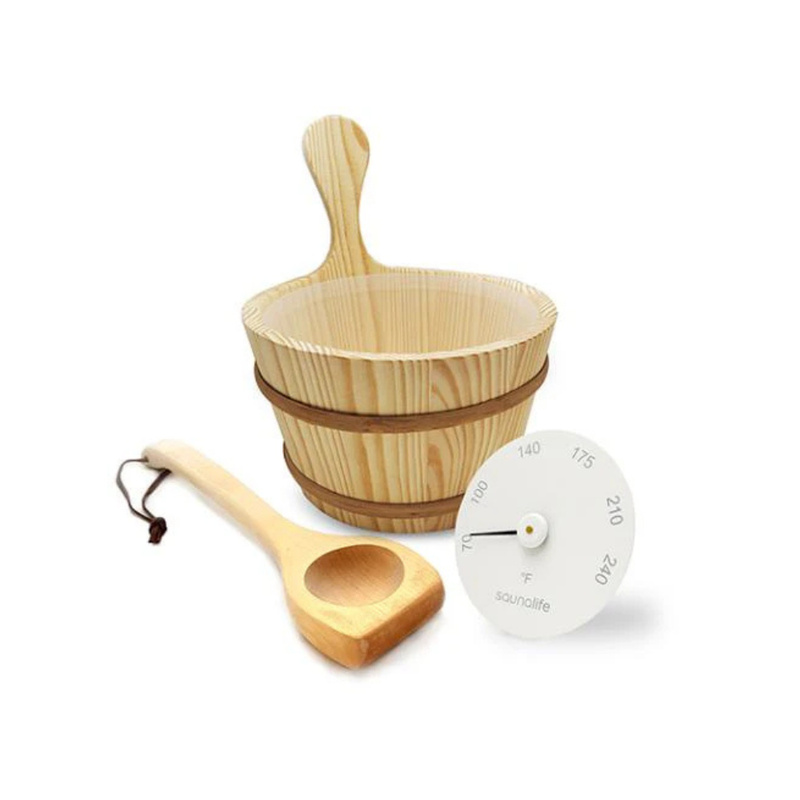 SaunaLife Accessory Package 4 Wooden 1-Gallon Sauna Bucket Set with Wood Ladle and White Thermometer