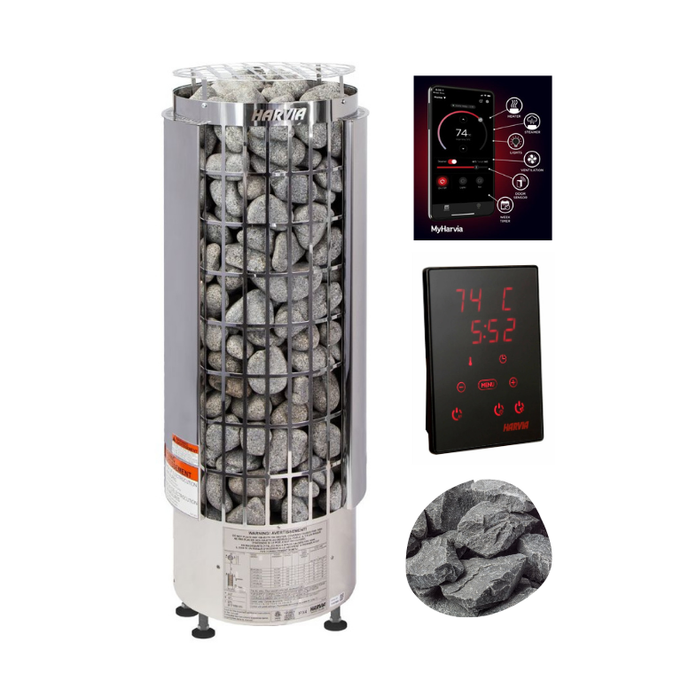 Harvia Cilindro PC60E Sauna Heater Package (6.0kW Stainless Steel Heater + Control Unit + Stones)