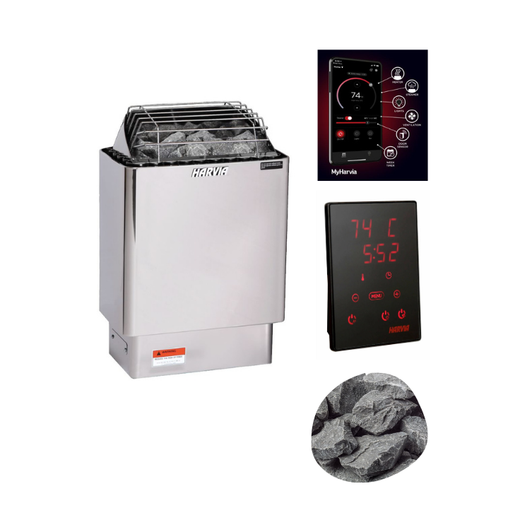 Harvia KIP45W Sauna Heater Package (4.5kW Stainless Steel 240V Heater + Control Unit + Stones)