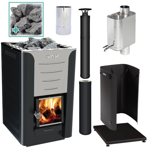 Harvia Pro 20 Sauna Stove Deluxe Package w/ Water Heater - Black (24kW Wood-Burning Stove + 8 Accessories)