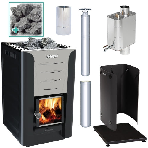 Harvia Pro 20 Sauna Stove Deluxe Package w/ Water Heater - Stainless (24kW Wood-Burning Stove + 8 Accessories)